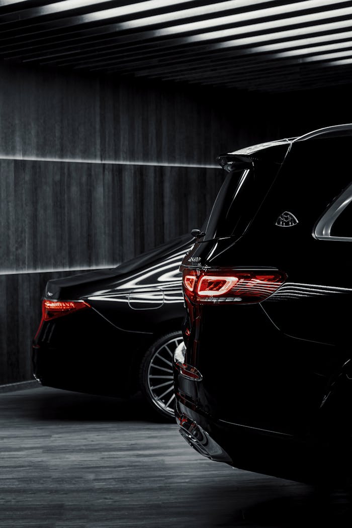 Sleek black luxury cars parked indoors with elegant lighting creating a dramatic effect.